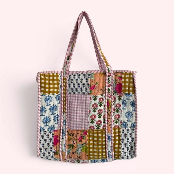 Hayley & Co Cottage Floral Pink and Gingham Quilted Cotton Tote Bag