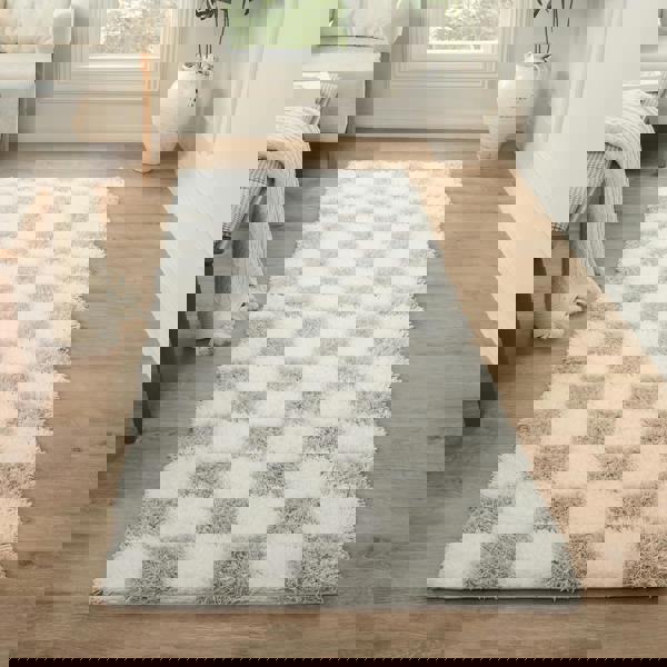 Livabliss Urban Shag-Modern Ivory Grey Checkered Soft Plush Pile Rug