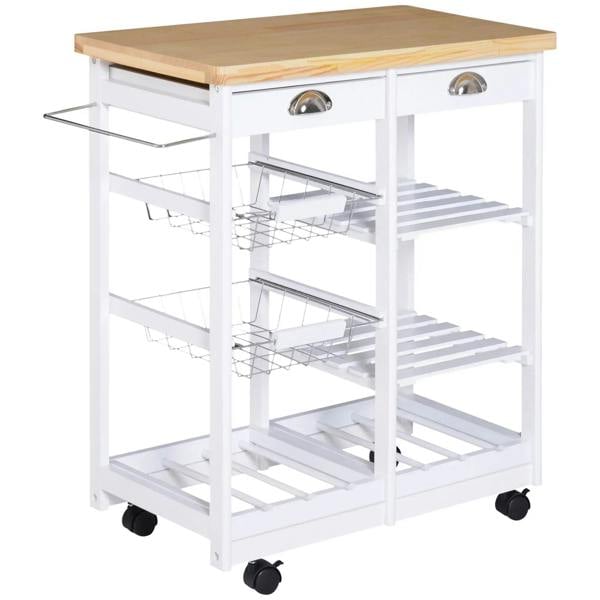 White kitchen trolley cart with drawer, wire racks, and 6-bottle wine rack