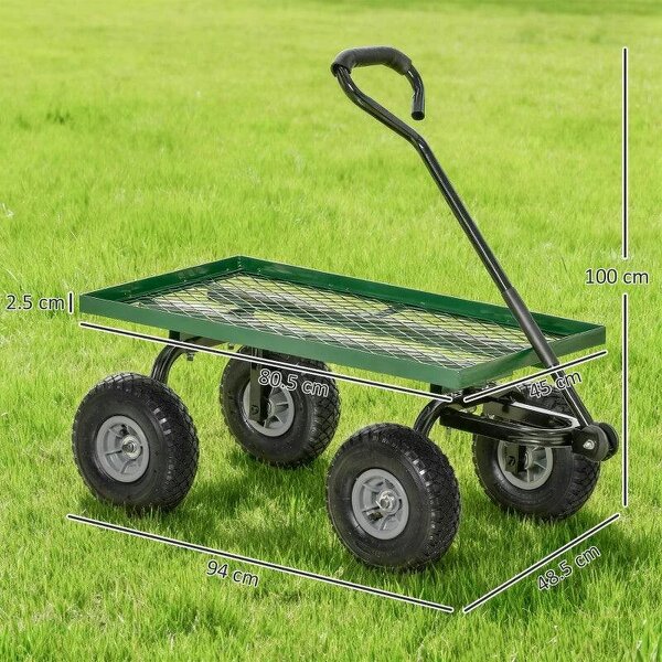 Bobobiy Garden Trolley Cart, Heavy Duty Garden Cart with Metal Frame, 10" Pneumatic Wheels, Rotating Handle, 150kg Capacity, for Garden, Farm, Green