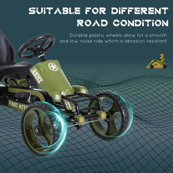 Green pedal go-kart with textured wheels and handbrake system