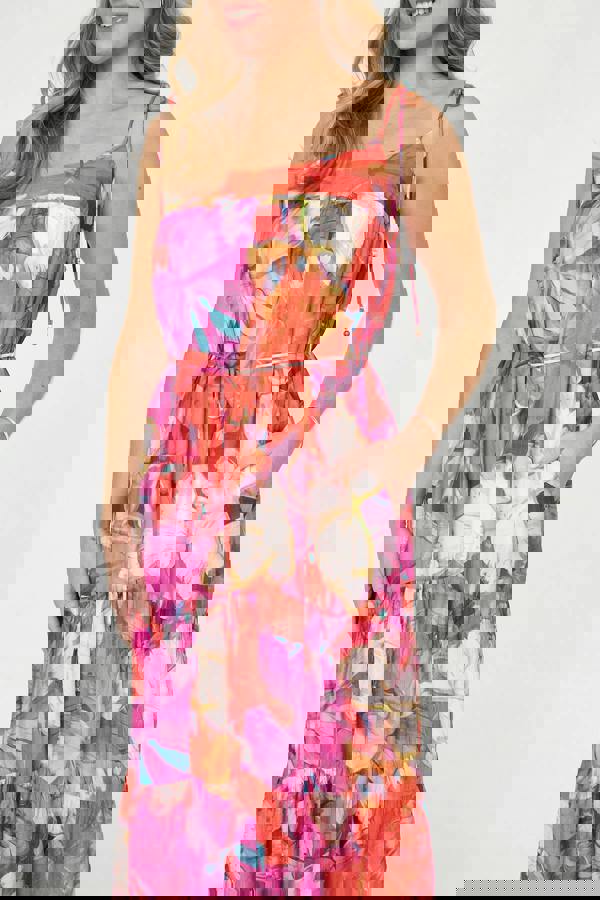 Pink | Floral Tie Strap Tiered Midi Dress