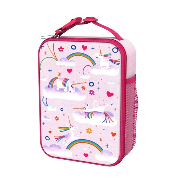 Lunchbox showing unicorns resting on clouds with rainbow trails in a whimsical pink background featuring hearts, stars, and mesh pocket on the side
