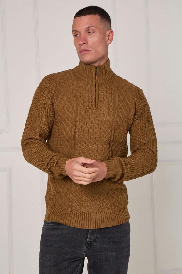 Men’s Half Zip Cable Knit Textured Jumper
