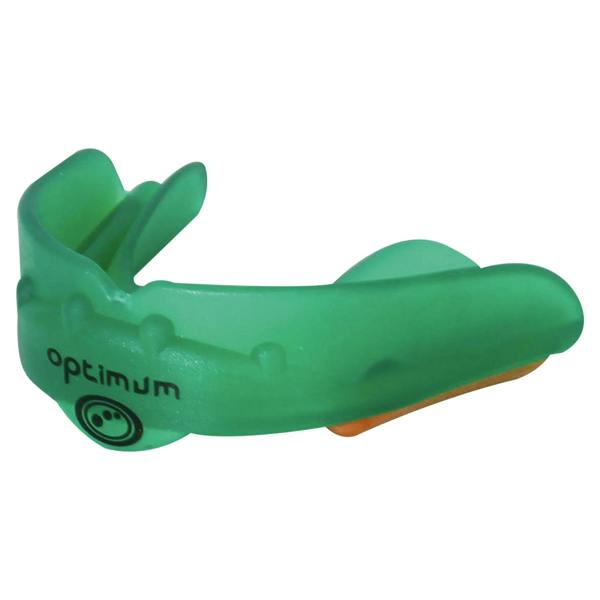 Green Optimum Matrix mouthguard with orange base and black logo, close-up side view on white - Optimum