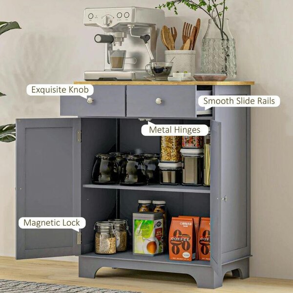 Side Storage Multi-use Sideboard Table Kitchen Floor Cabinet with Solid Wood Top, Adjustable Shelf, Drawer, Grey