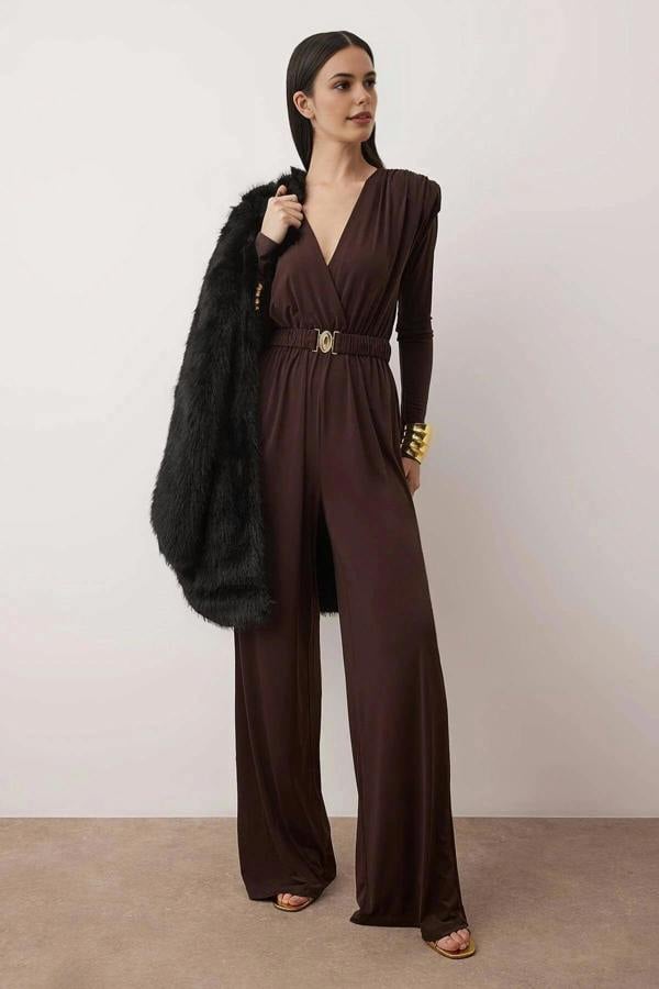 WOVCOR Double-Breasted Padded Knit Night Jumpsuit with Belt Detail