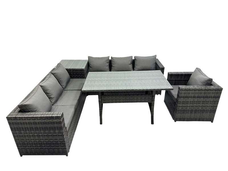Fimous 7 Seater Outdoor Corner Sofa Chair Dining Table Set Garden Rattan Furniture Set with Side Table Dark Grey