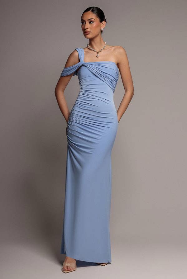 One Shoulder Asymmetric Twist Maxi Dress - Blue DR5089