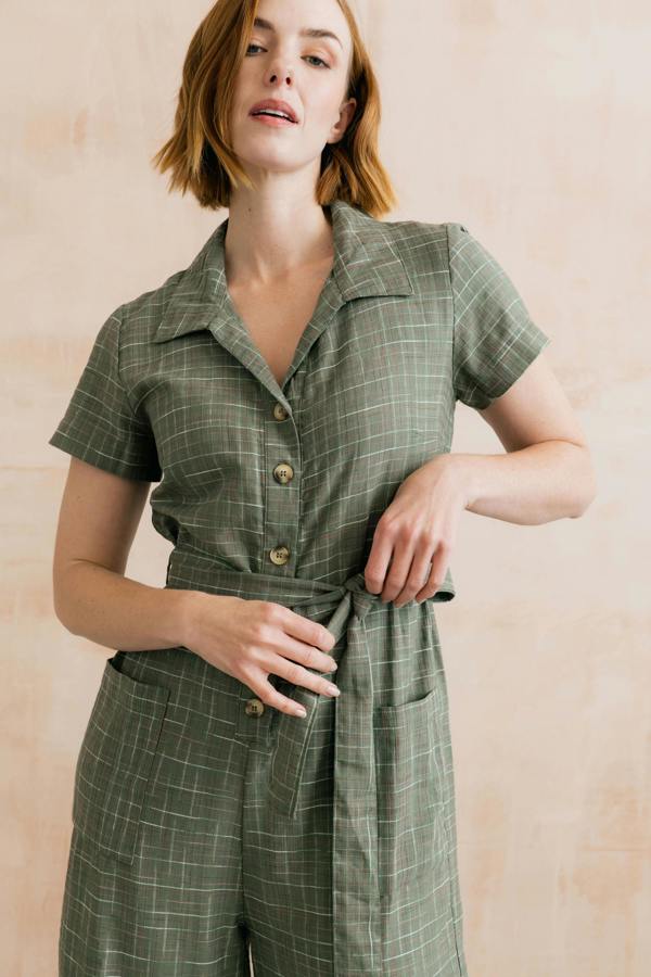 Josie Checked Organic Cotton Cropped Jumpsuit Green