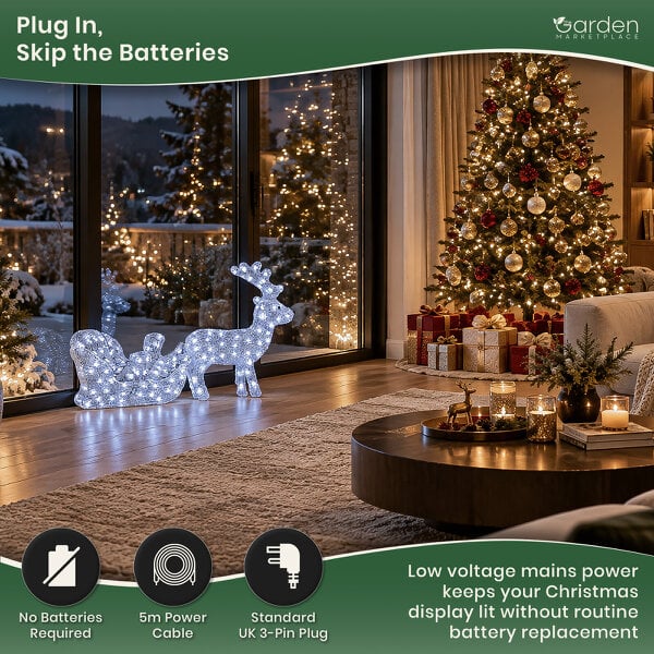 Acrylic Reindeer & Sleigh Christmas Decoration with 160 White LED Lights, Waterproof Indoor & Outdoor Display, 5m Cable