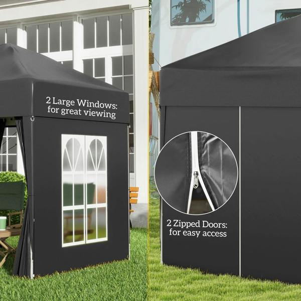 Black gazebo end wall with two large arched windows and zipped door access