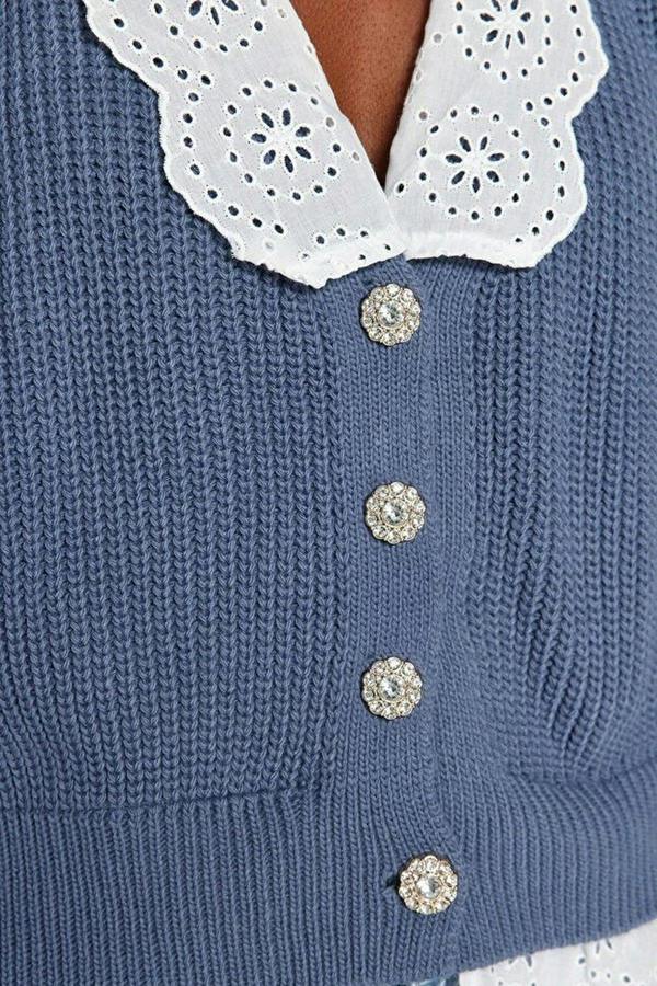 WOVCOR Crop V-Neck Knit Cardigan with Shirt Garnish Detail