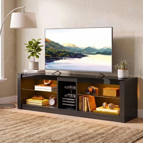 TV Stand Cabinet with LED Lights and Remote Control for TVs up to 65", Entertainment Centre with Storage Shelves, Black