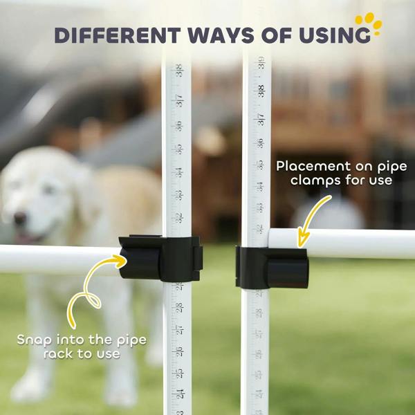 Close-up of white height adjustment clamp on dog agility jump hurdle for setup
