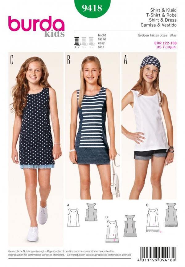 Burda Sewing Pattern 9418 Tops and Sportswear For Kids and Teenagers, 7-13 Years - Easy