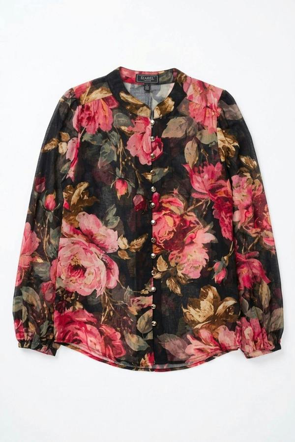 Black | Floral Long Sleeve Button Front Blouse
