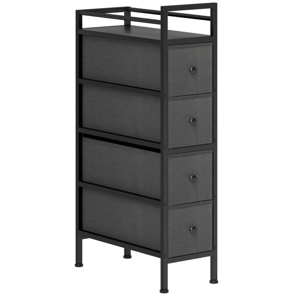 Black slim 4-drawer fabric dresser with steel frame, front metal knobs, open shelf top