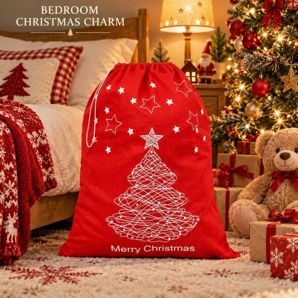 Shatchi 60cm x 45cm Red Merry Christmas Santa Sack with Festive Print for Gifts and Dressing Up