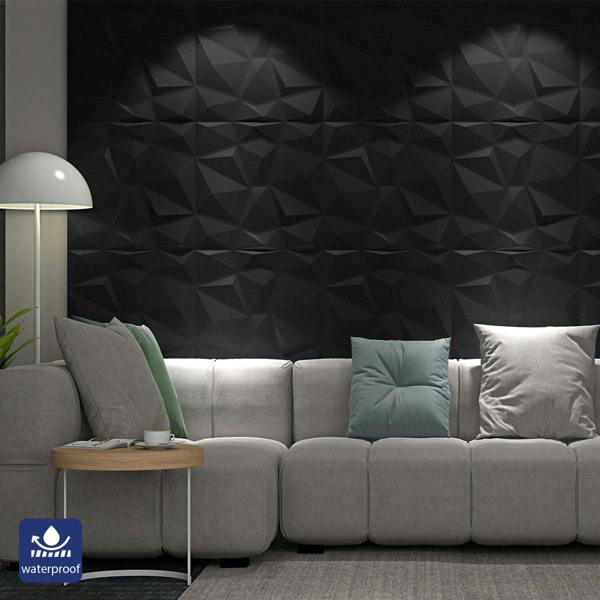 ENER-J Elegant 3D Diamond-Embossed Black PU Leather Wall Panels - 25mm Thickness, Size: 600 x 600 mm (Pack of 4)