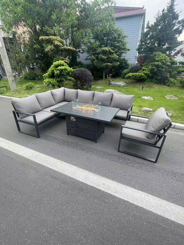 Fimous Aluminum Outdoor Garden Furniture Set Corner Sofa Chair Gas Fire Pit Dining Table Set Gas Heater Burner Dark Grey 7 Seater