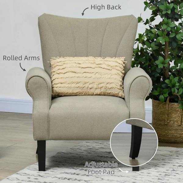 Beige upholstered accent chair with rolled arms and high back
