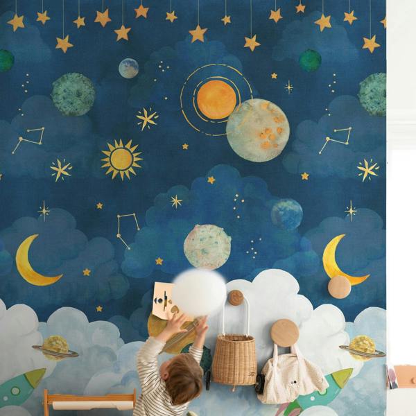 Grandeco Dudley Space Rocket 3 Lane Repeatable Wallpaper Kids Nursery Mural, 1.59 x 2.8m,