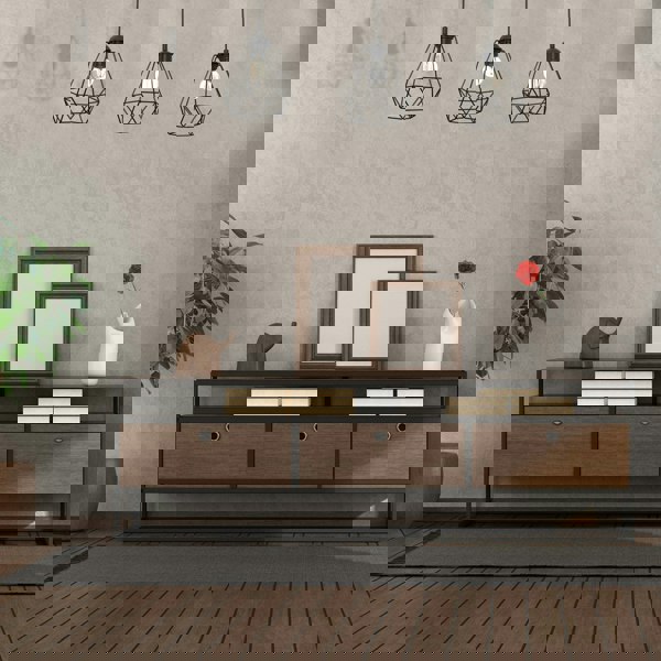 Milagro Acero Pendant Lamp 3XE27 This Hand Made Industrial Style Lamp Is Hand Made from Sleek Black Steel And Natural Dark Wood