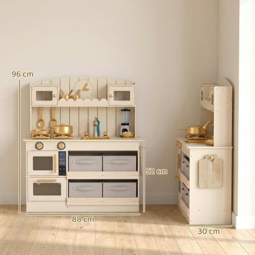 AIYAPLAY Kids Play Kitchen with Lights & Sounds, 4 Fabric Drawers, Cream