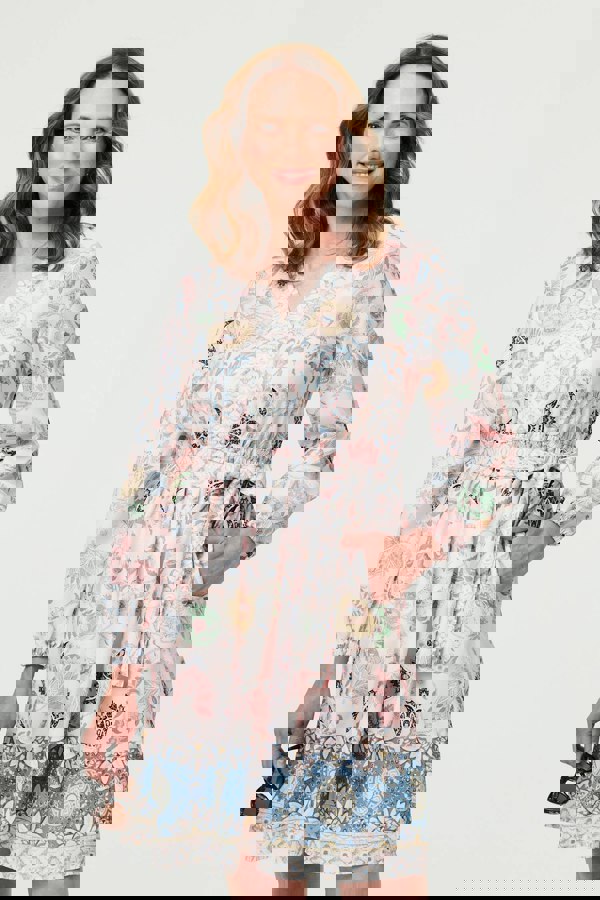 Pink | Border Print Tie Waist Knee Length Dress
