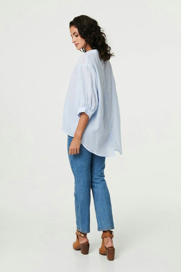 Blue | 3/4 Sleeve Collarless Curve Hem Shirt

