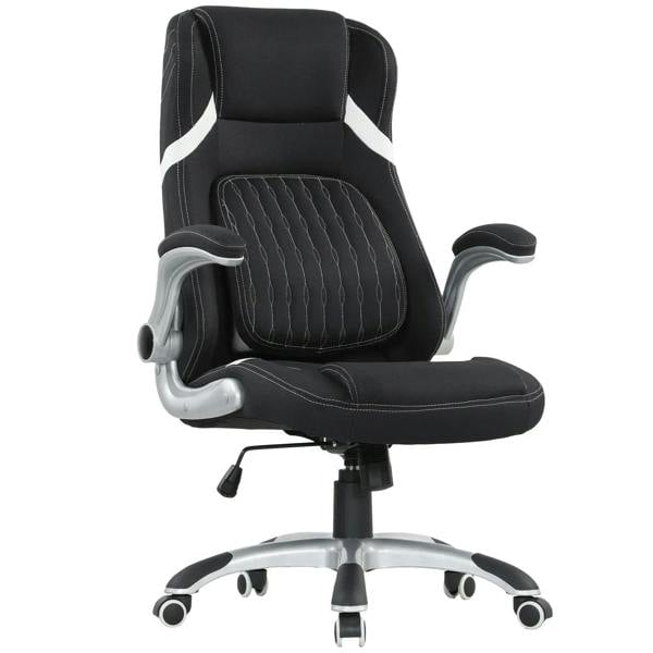 Black linen-look office chair with armrests, padded seat, swivel base on casters