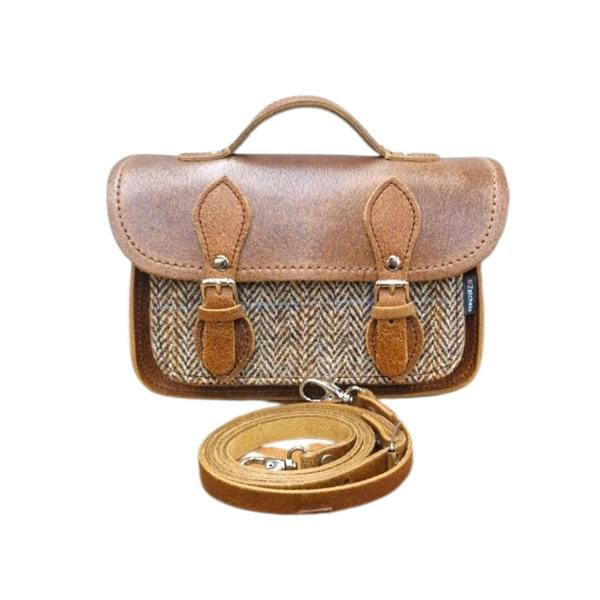 Zatchels Handmade Tannery Leather and Tweed Cross Body Micro Satchel Plus - Tan