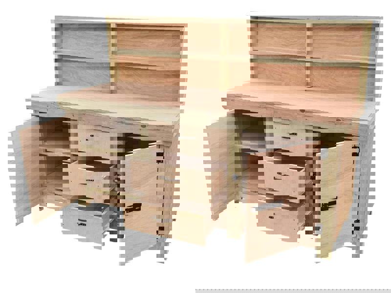 Arbor Garden Solutions Eucalyptus top workbench with drawers and double lockable cupboard (V.8) with back panel & double shelf