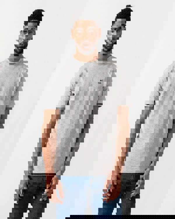 Model wearing BOSS Green Mens Tee Stretch Cotton T-Shirt with Contrast Logo in Silver 043 - Main