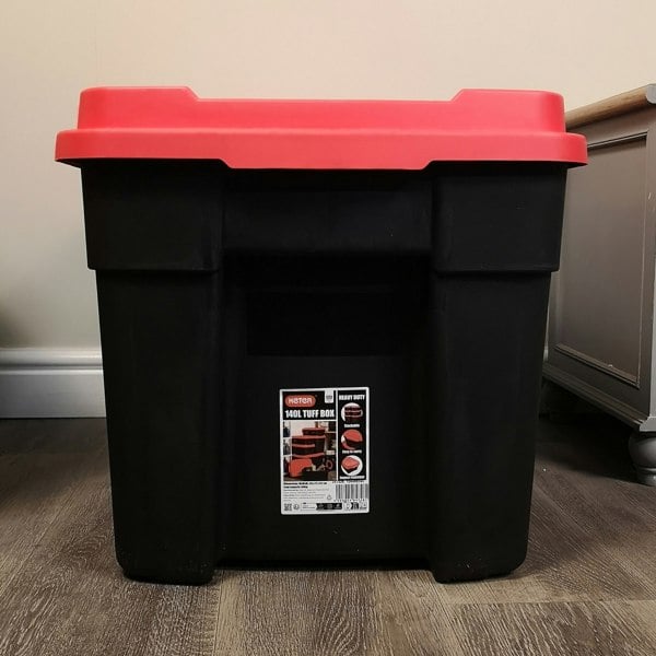 Samuel Alexander 140L Black and Red Tuff Stackable Storage Box with Lid and Carry Handles
