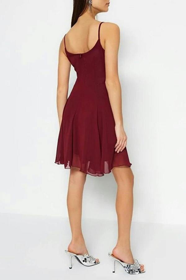 WOVCOR A-Line Accessory Detailed Lined Chiffon Short Flowy Evening Dress