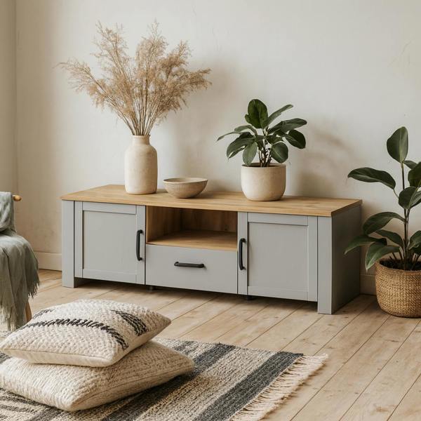 Wyld Haus Bramblecroft Grey and Natural Oak Wood TV Unit 2 Door 1 Drawer