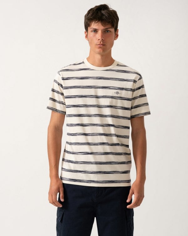 GANT Mens Striped Crew Neck Short Sleeve T-Shirt - 130 Cream - CHO - Designer Mens T-Shirts & Tops