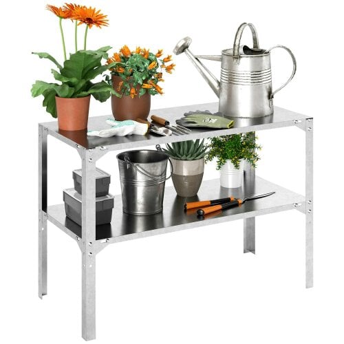 Bobobiy 2 Tier Potting Bench Table, Galvanised Steel Garden Planting Work Bench Workstation with Storage Shelf, 110 x 50 x 75 cm, Silver Tone