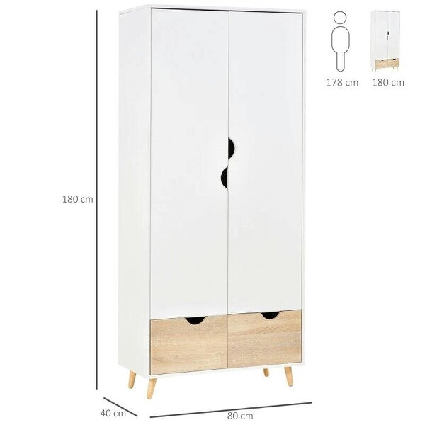 Bobobiy 2-Door Clothes Wardrobe w/ Rail Shelf 2 Drawers Wood Feet Elegant Home Storage Organisation Furniture, White