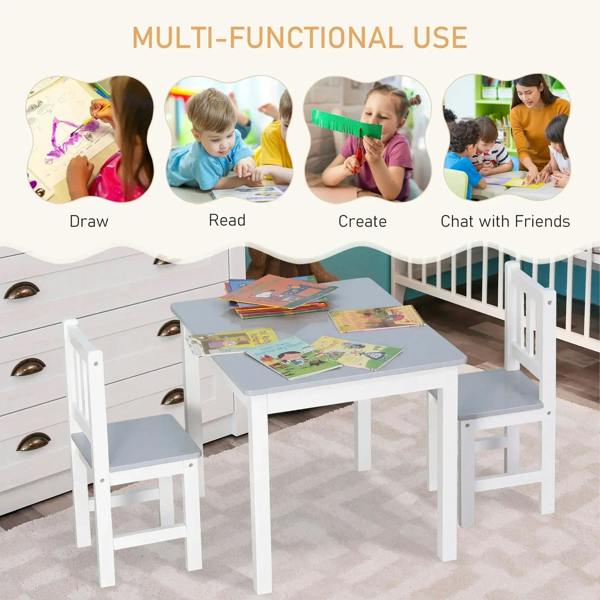 Kids table and chair set with grey tabletop and two white chairs