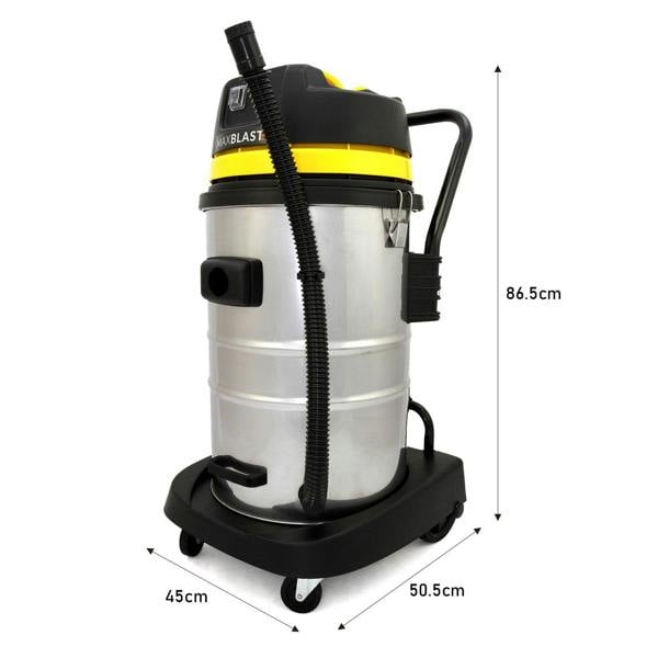 50L wet and dry vacuum with a stainless steel body, yellow accents, and flexible hose, featuring a sturdy wheeled base for easy mobility