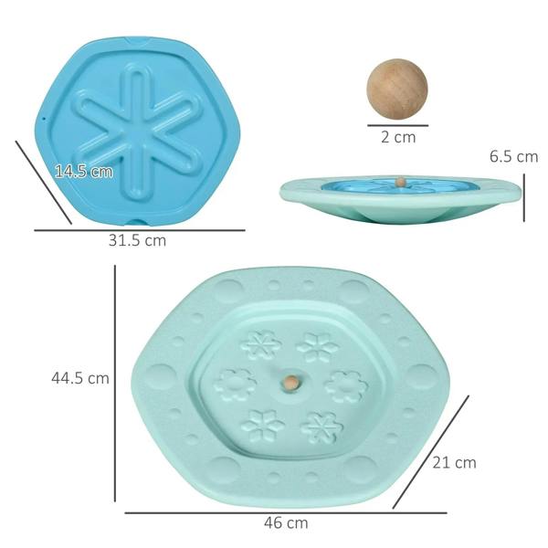 Blue balance board size diagram with labeled dimensions and center ball height