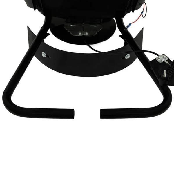 Black ATV mounted spreader with sturdy metal frame, featuring a wide base and electrical connections for easy installation