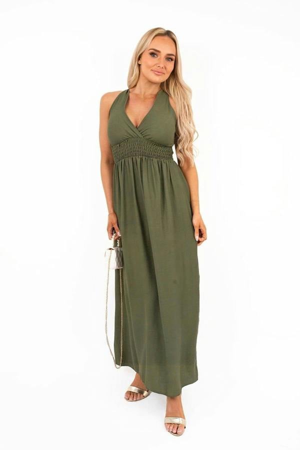 Talina Cross Back Maxi Dress With Ruched Waist - Khaki