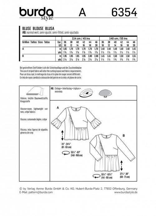Burda Sewing Pattern 6354 Tops For Women, 10 to 20  - Easy