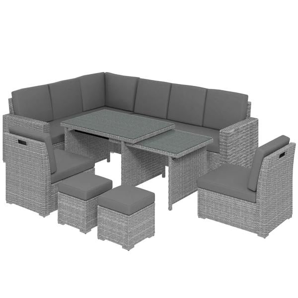Light grey rattan garden sofa set with corner seating, cushions, and glass table