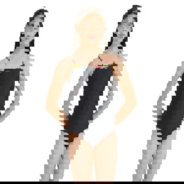 Zoggs Girls Spot Classicback black one-piece swimsuit with colorful straps