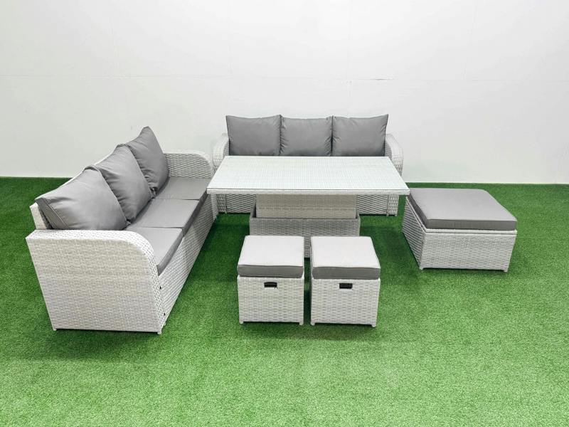 Fimous 9 Seater Patio Furniture Set, Wicker Rattan, Adj Height Table, High Back Lounge Sofa and 3 Stools, Light Grey